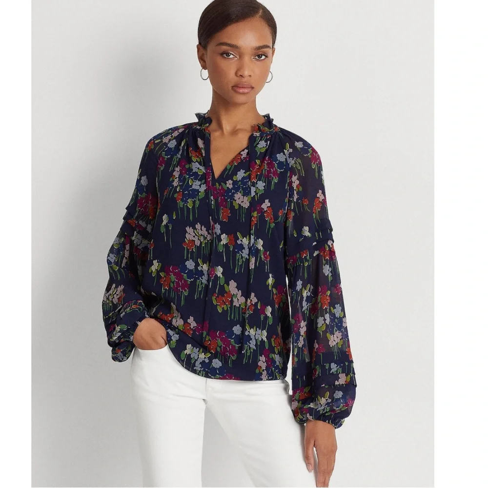 Lauren Ralph Lauren Floral Crinkle Georgette Blouse - Picture 1 of 14